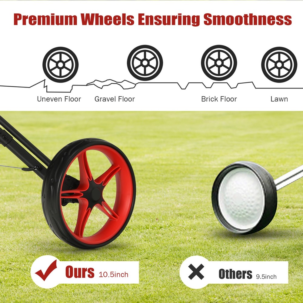 3 Wheels Foldable Golf Push Pull Cart Trolley w/ Adjustable Handle Brake Red