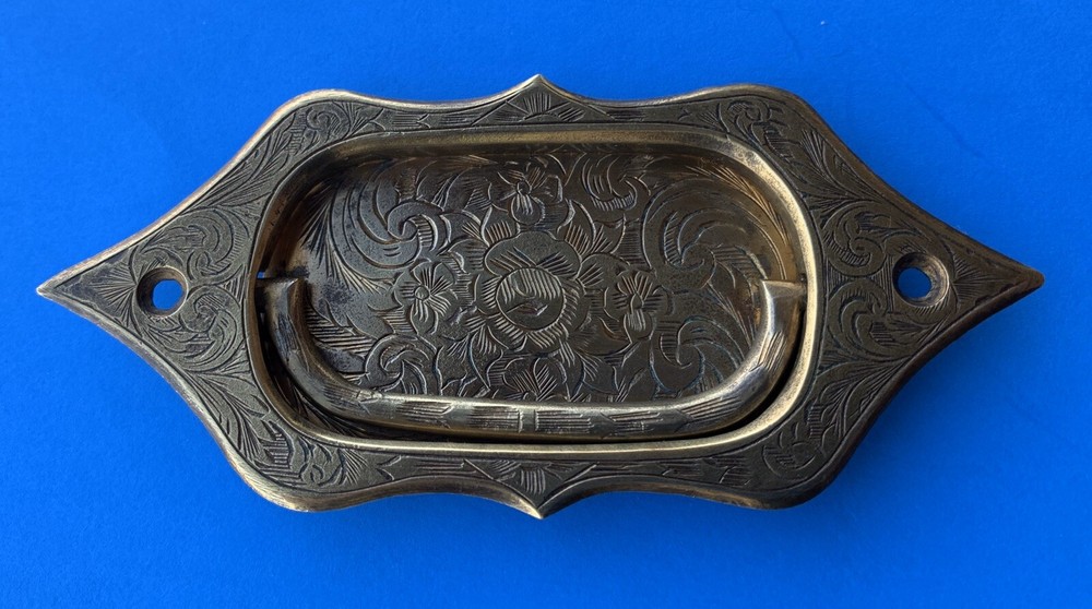 Antique Hardware Brass Engraved Tool Chest Flush Handle Drawer Pull 3.25”Centers