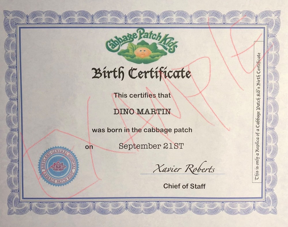 Cabbage Patch Kid Personalized Custom Birth Certificate Replica CPK