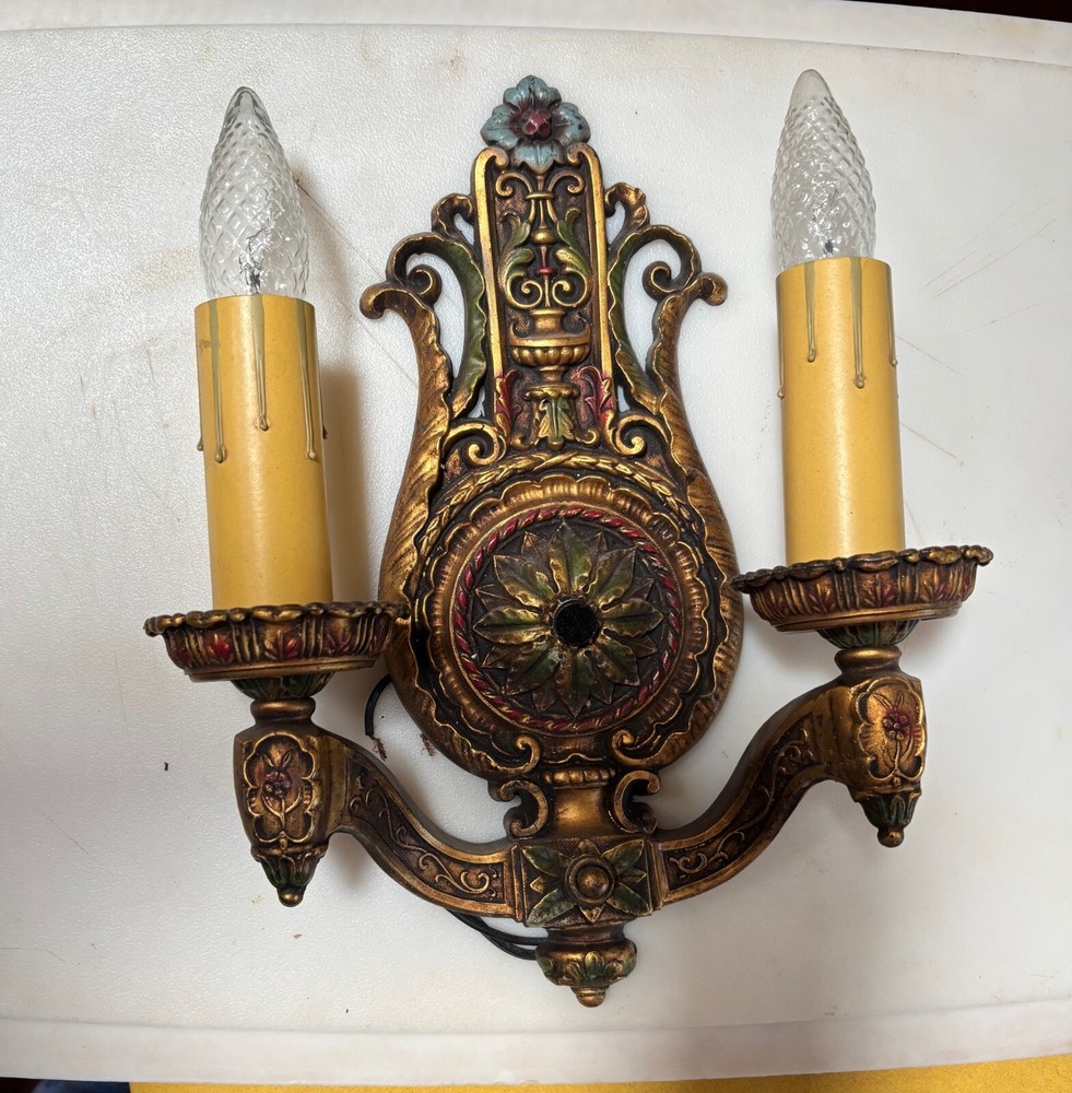 Antique Wall Sconce Light Fixture Polychrome Painted Metal