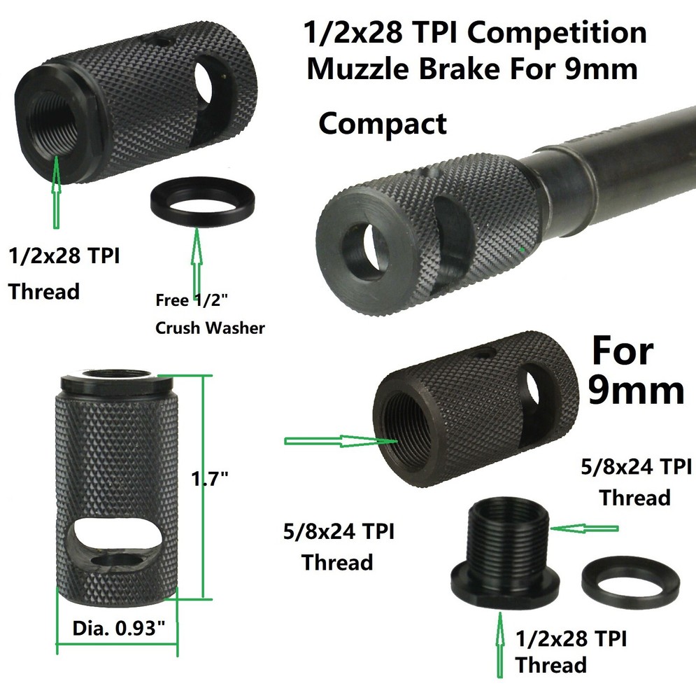 Compact Low Concussion Competition Muzzle Brake Compensator 1/2x28 TPI For 9mm