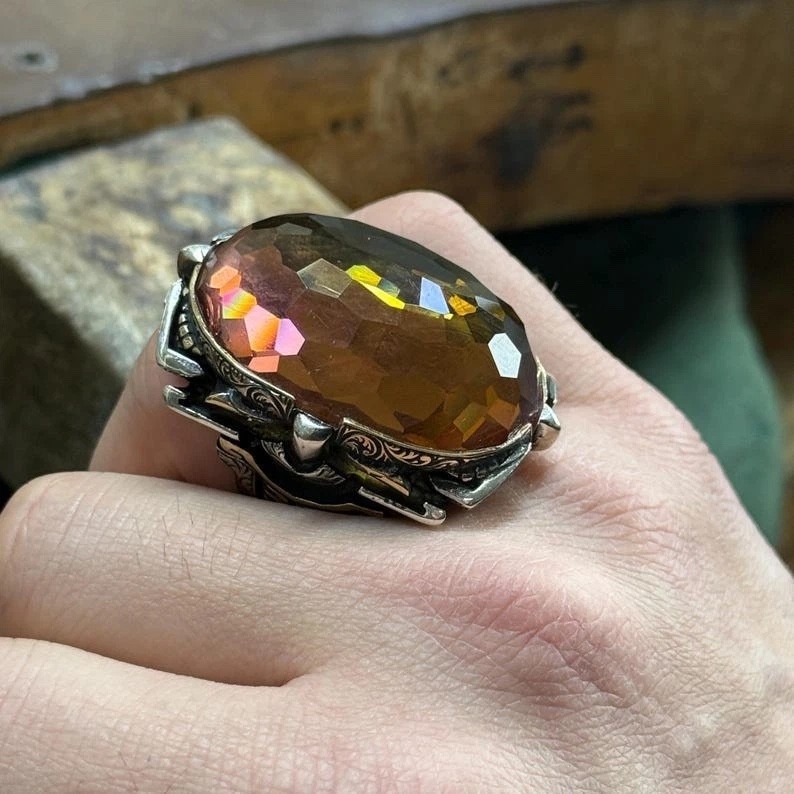 Men 925 Silver Large Zultanite Ottoman Style Large Ring