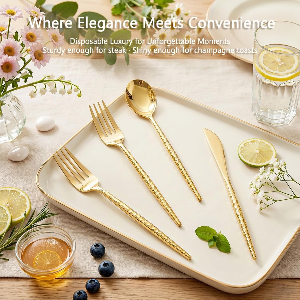 Rubtlamp 180 Pcs Gold Plastic Silverware - Disposable Plastic Utensils - Hamm...