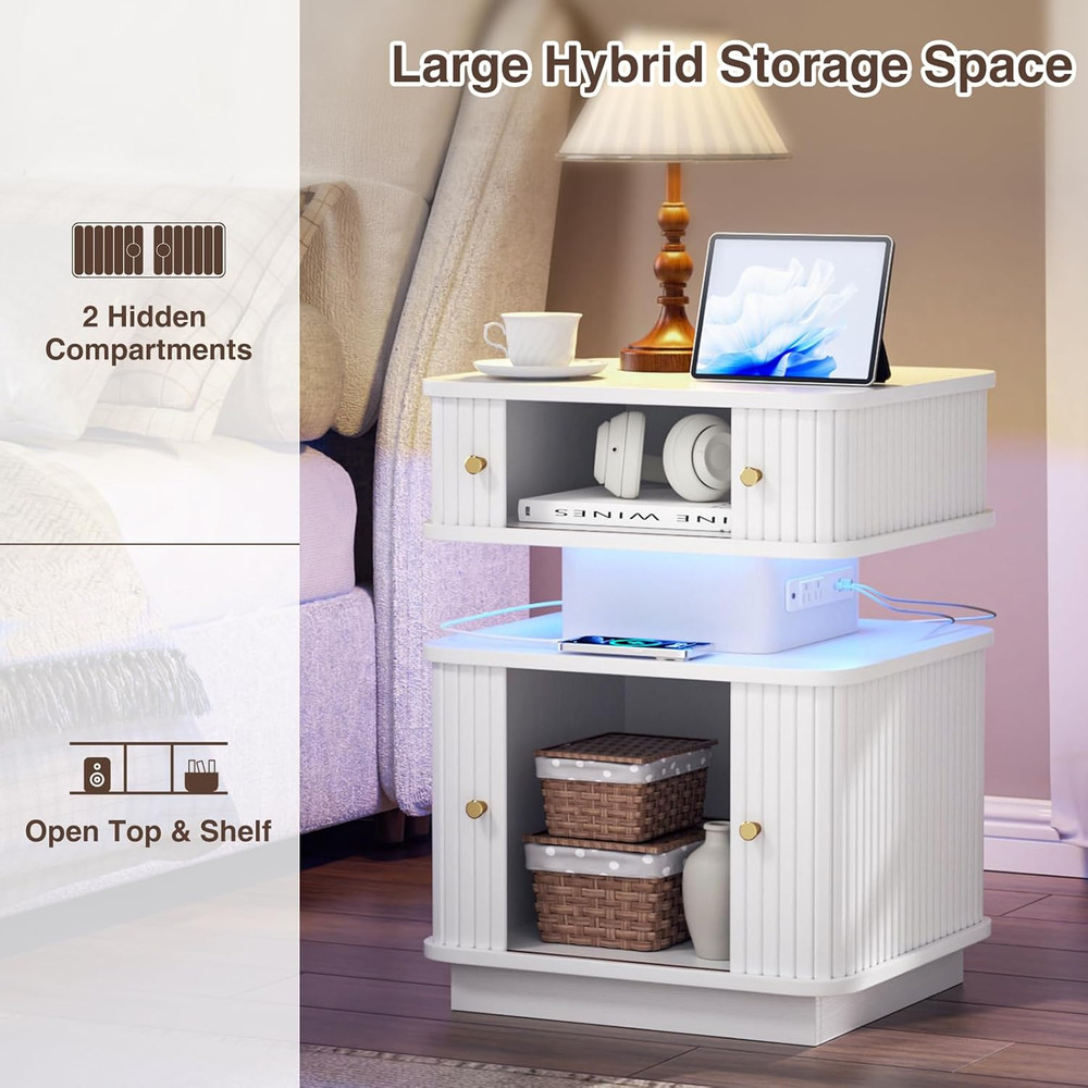 LED End Table with Charging Station, Mid-Century Design, 2 Doors, White