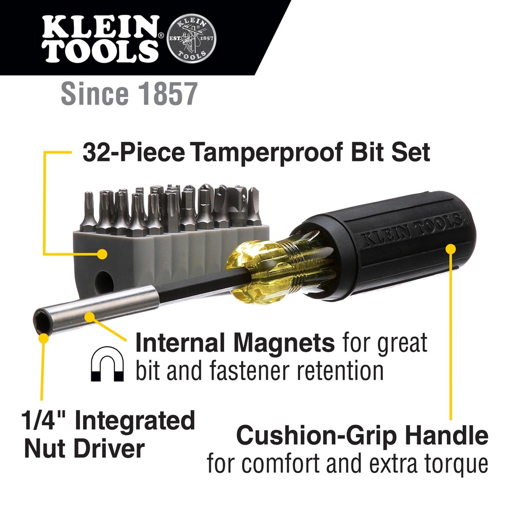 KLEIN TOOLS 32510 Magnetic Screwdriver with 32 Tamperproof Bits