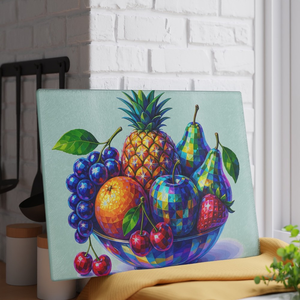Vibrant Fruit-Print Glass Cutting Board - Disco Fruit Bowl Kitchen Decor
