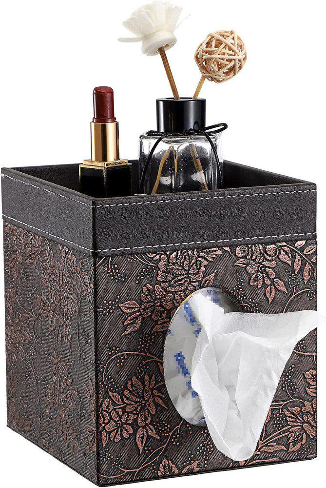 Leather Square Tissue Box Cover - Decorative Cube Tissue Box Holder with Tray, S
