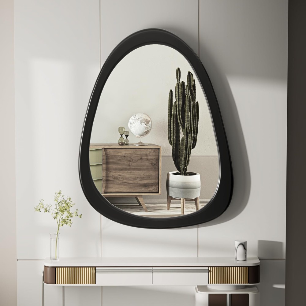 34"x 26" Irregular Wall Mirror, Black Frame Wood Asymmetrical Decorative Wall...