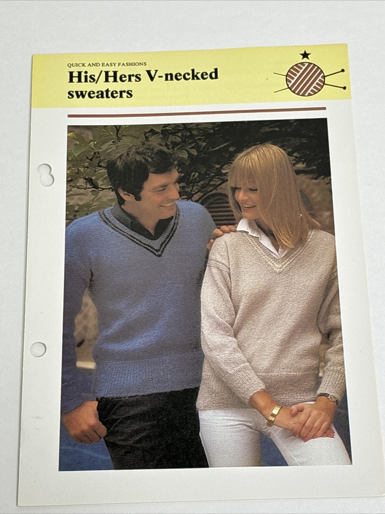 V Necked His & Hers Sweaters Knitting Pattern Card