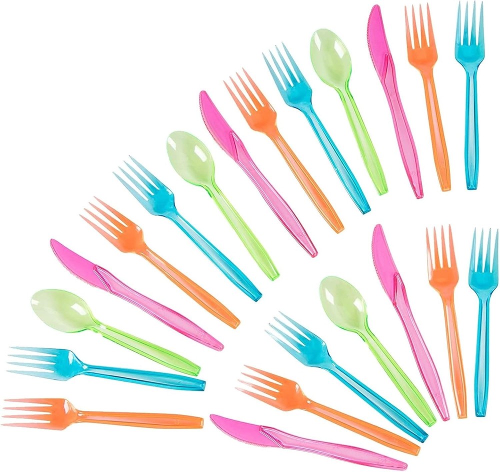 Rainbow Plastic Sierware Set - Disposable Neon Party Utensils -