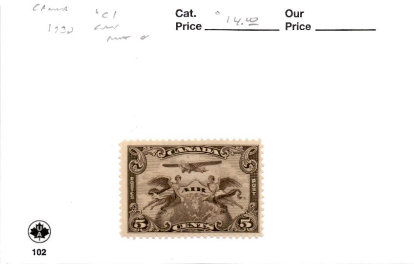 Canada, Postage Stamp, #C1 Mint Hinged, 1928 Airplane Globe (AW)