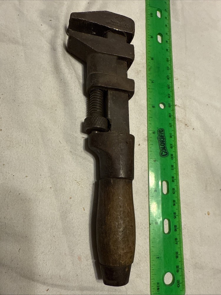 Adjustable 9” Pipe Wrench With Wooden Handle-antique