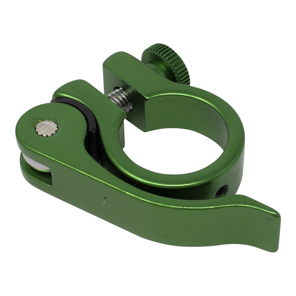 GENUINE ALLOY SEATPOST CLAMP (OUTER DIAMETER 25.4MM) QUICK RELEASE GREEN.