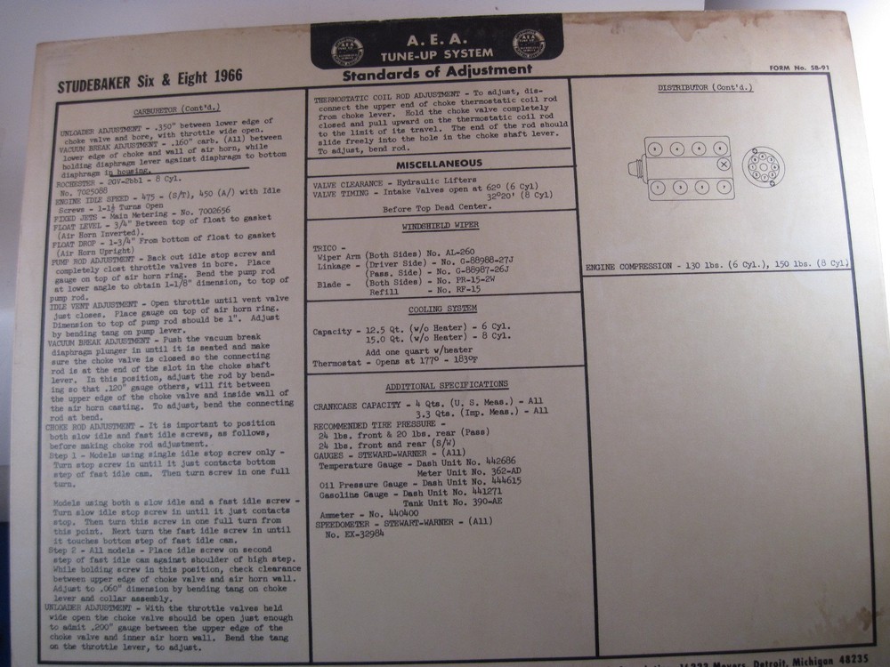 Studebaker Tune Up Charts 1937 - 46