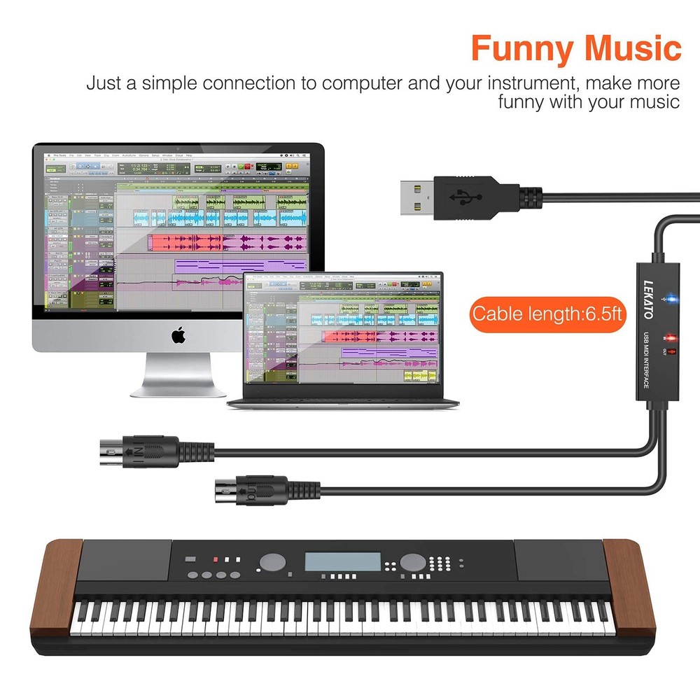 USB MIDI Cable, MIDI to USB Cable 6.5Ft with Input & Output Connecting with K...