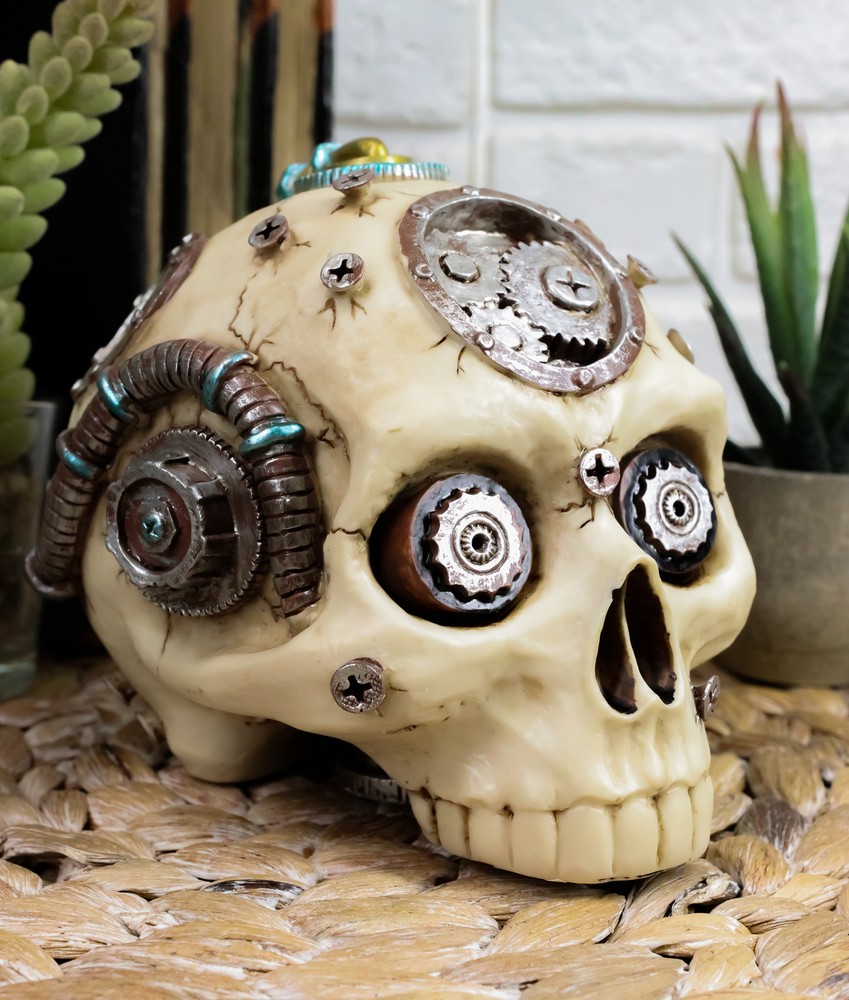 Ebros Steampunk Terminator Skull Figurine Cybernetic Clockwork Robotic Gearwork