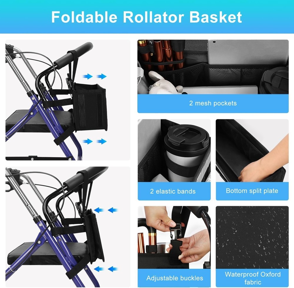 Rollator Basket, Rollator Walker Bag w/Cup Holder, Foldable Rolling Walker Wa...