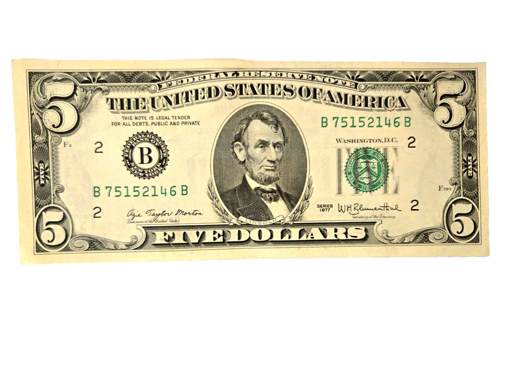 1977 $ five dollar bill back error uncirculated crisp