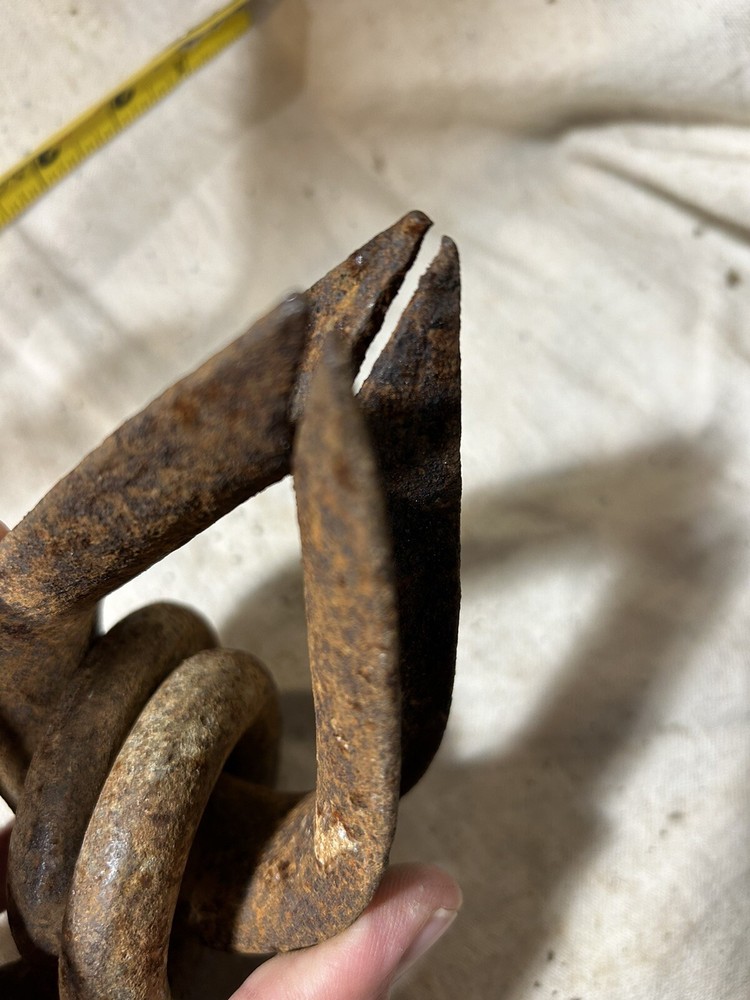 Antique Steel Iron Grapple Hook Double Ring Farm Tool Crane Loop 10x4" Hanger