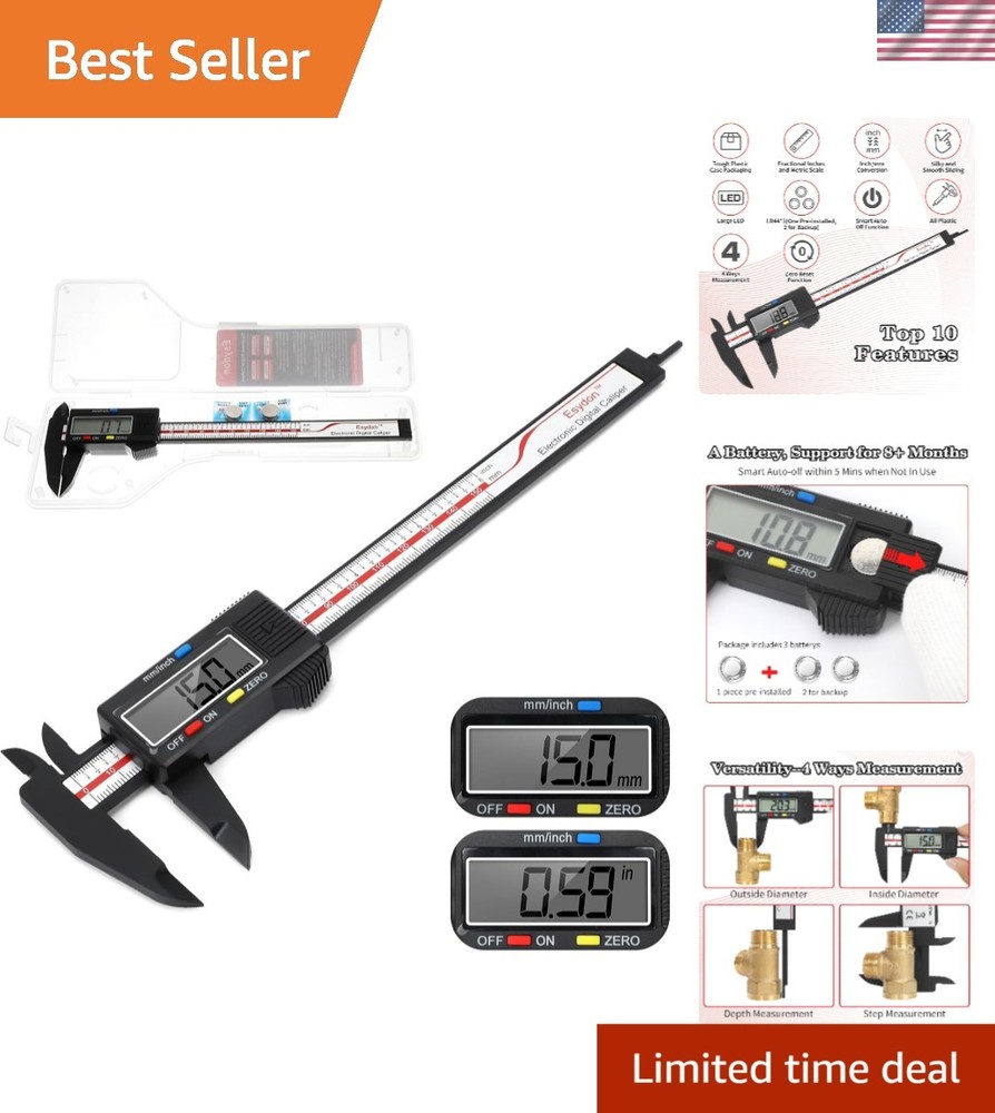 Precision Measuring Tool: 6'' Digital Caliper with Inch/mm Conversion Included