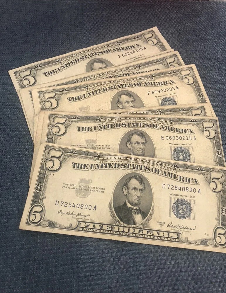 1953 A $5 Five Dollar Blue Seal Silver Certificate Note Bill Circulated