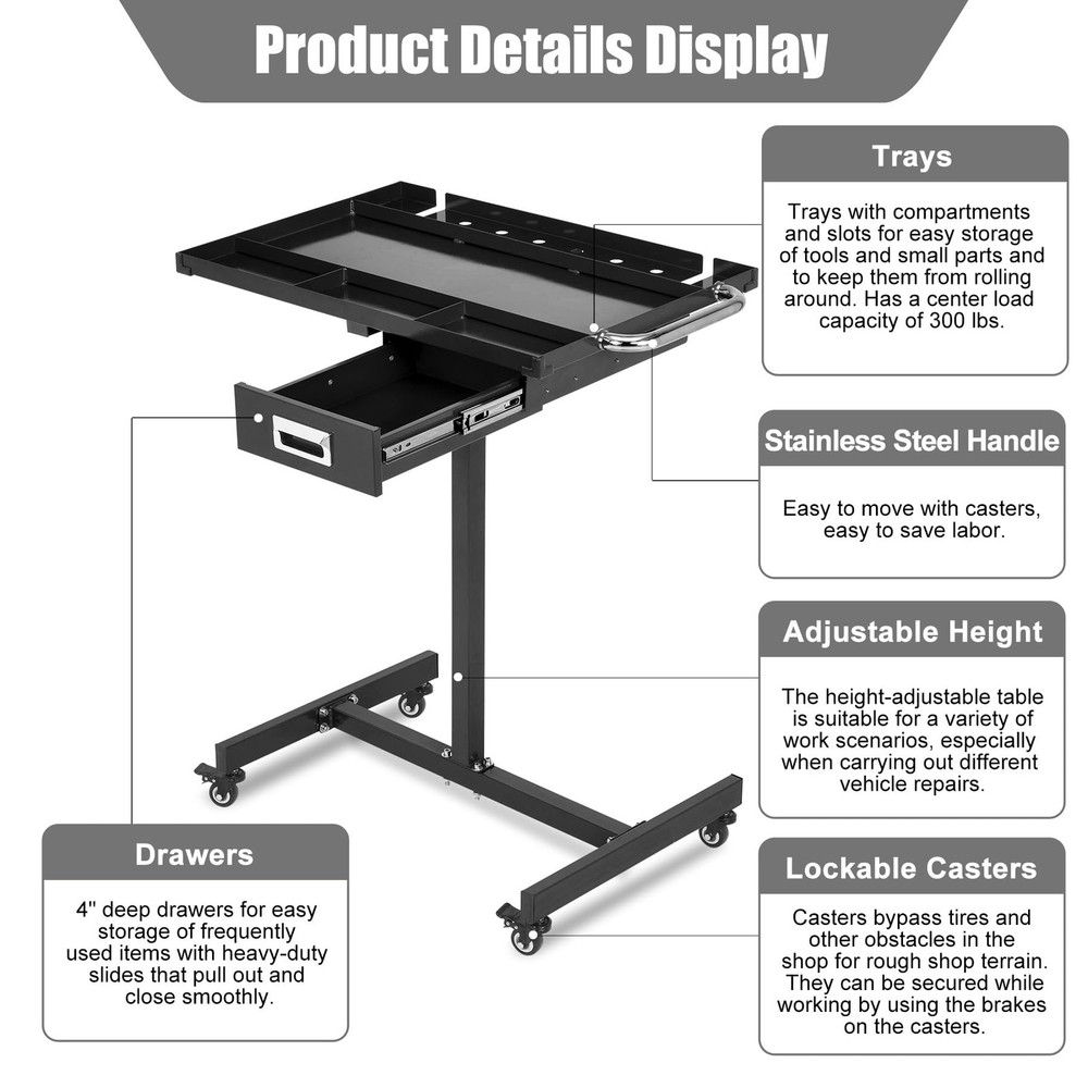 Heavy-Duty Rolling Tool Cart Garage Mobile Adjustable Workbench 330lb Work Table