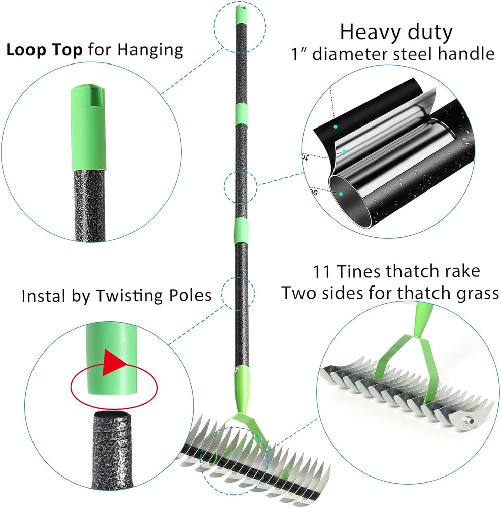 Thatch Rake for Lawns, Dead Grass Dethatcher Rake Removal Tool Heavy Duty Long H