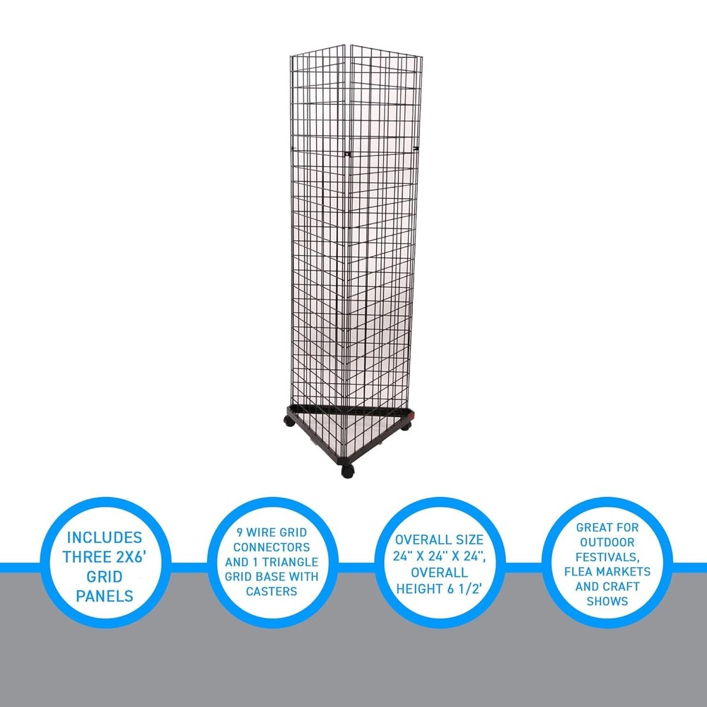 Wire Grid Triangle Tower Display Rack Casters Rolling Casters Black 2' x 6 ½' H