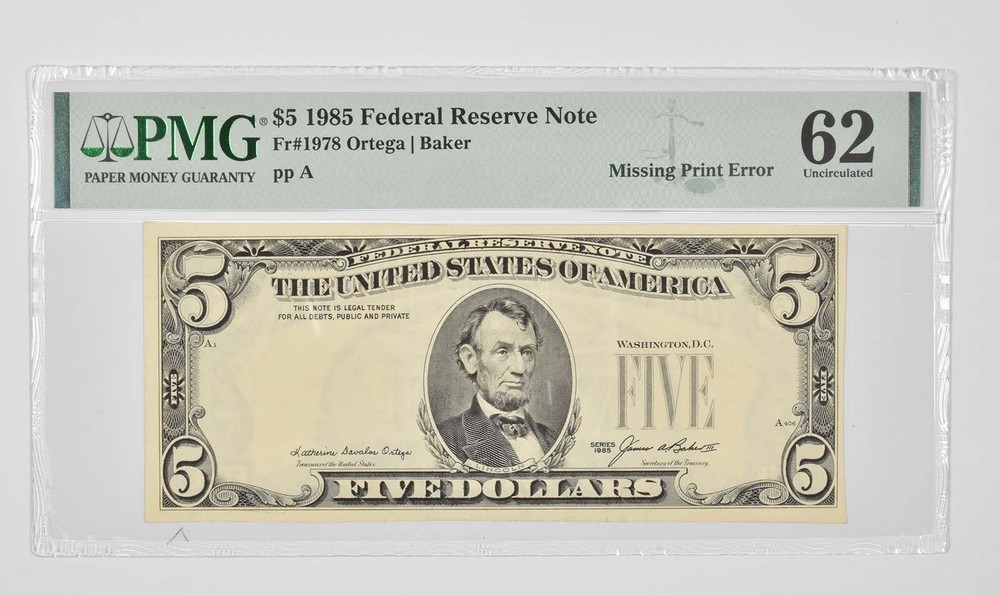 $5 1985 FRN - PMG - 62 UNC Fr# 1978 - Missing Print Error *0908