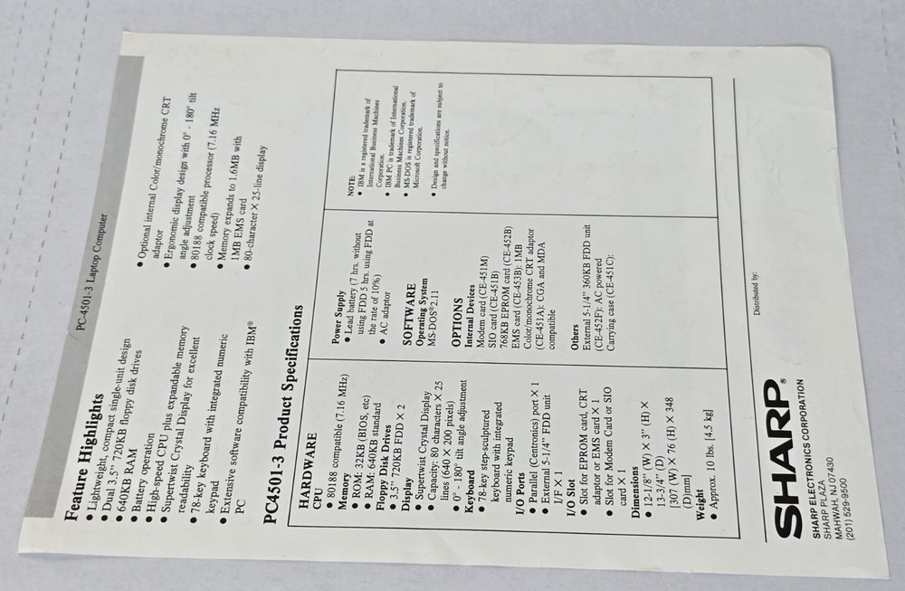 Sharp - PC-4501-3 Laptop Computer - Product Specifications Handout (1 Sheet)