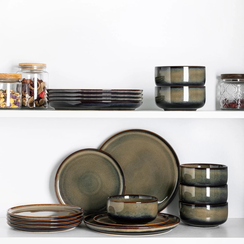 Ceramic Dinnerware Sets for 4, 12 Pieces Handmade Reactive Glaze Plates and B...