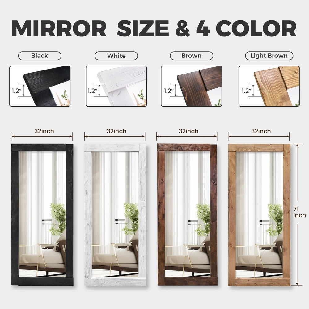 Full Length Mirror 71"x32" – Solid Wood Frame, HD Tempered Glass, Wall Mounte...