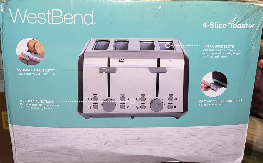 West Bend 4 Slice Toaster with Extra Wide Slots, Bagel Settings, Silver