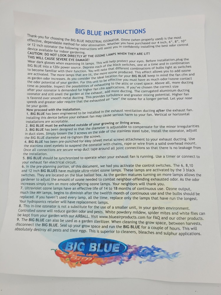 READ! BIG BLUE Ozone Generator Control Odor Air Purifier Machine 6" BROKEN BULB