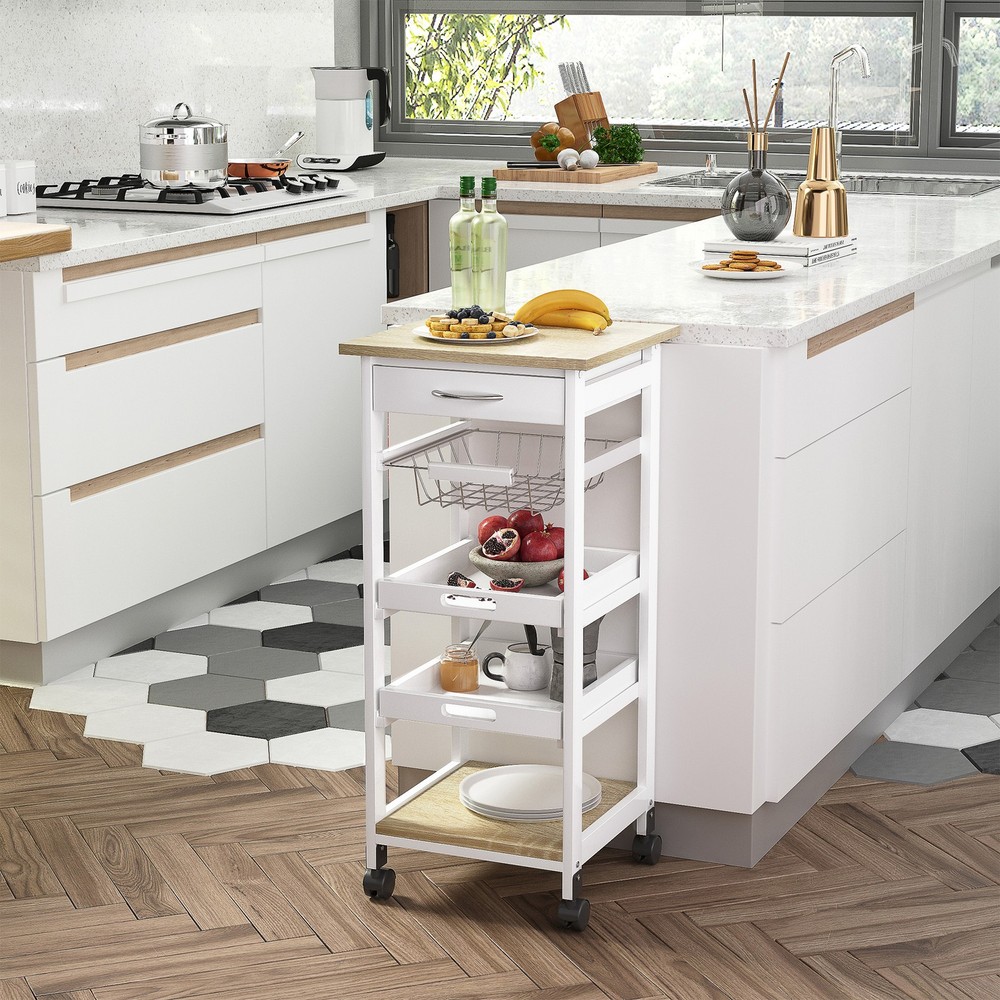 HOMCOM Mobile Kitchen Cart, Rolling Kitchen Island with Storage, Solid Wood Fr