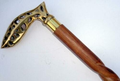 Three Foldable Spiral Cane Solid Designer Brass Head Handle Wooden Walking Stick