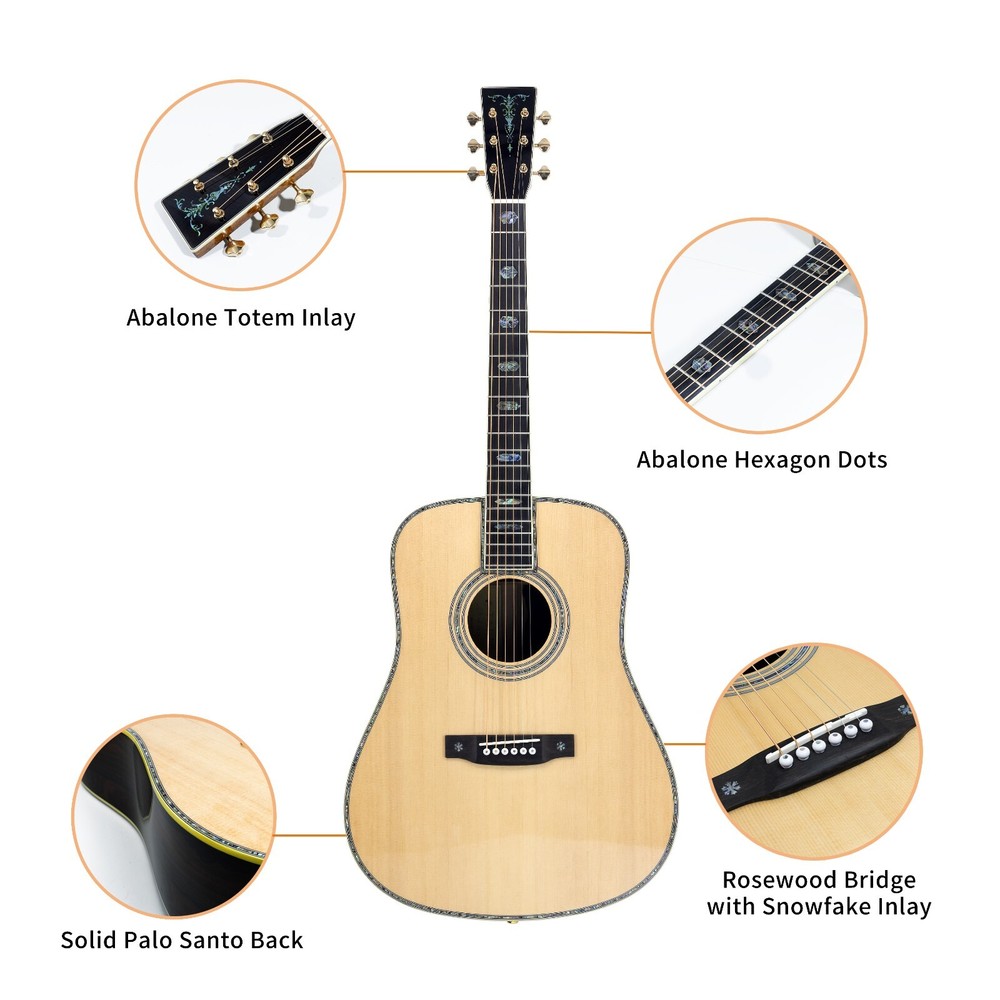 41'' Acoustic All Solid Guitar Solid A+Sitka Spruce Top Solid Palo Santo Back