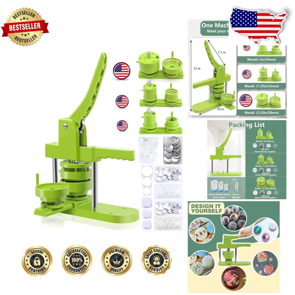 Professional Button Maker Machine Green, 3 Interchangeable Badge Sizes