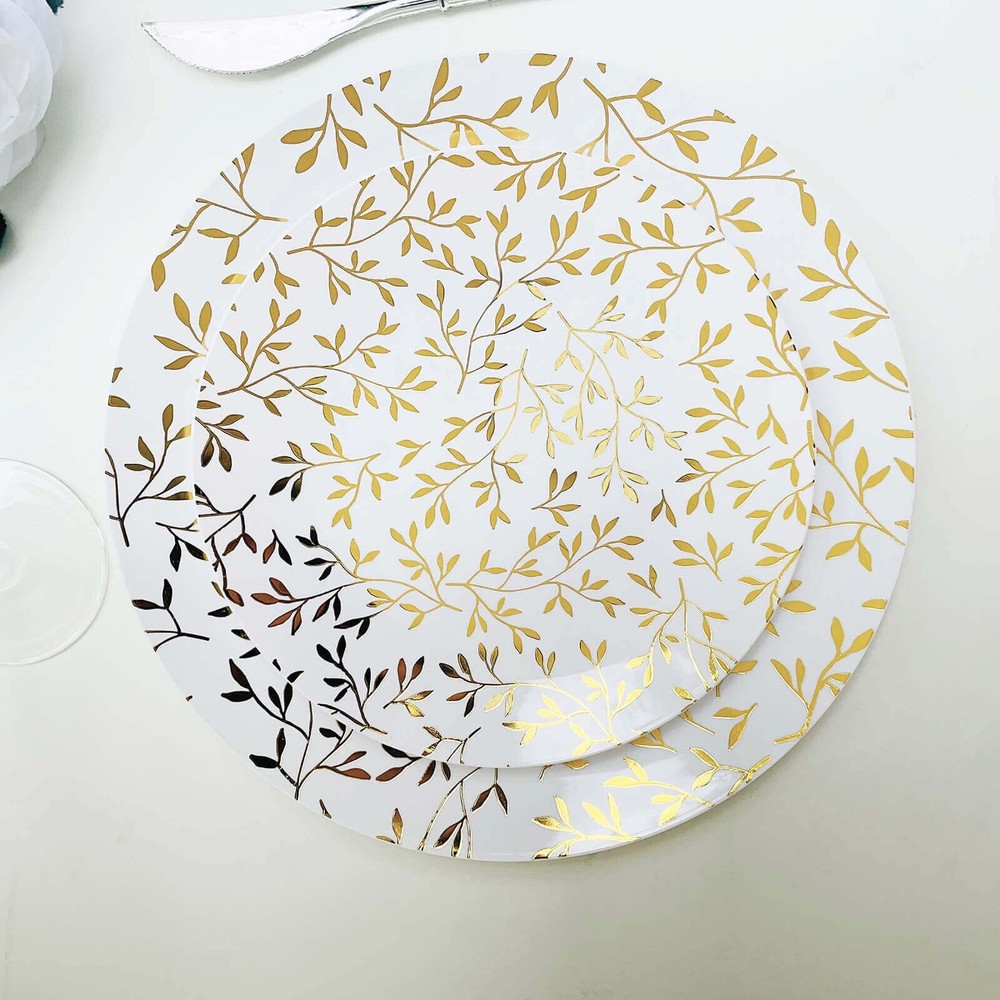 10 White 10" Round Plastic Salad Dessert Plates Gold Leaf Design Tableware
