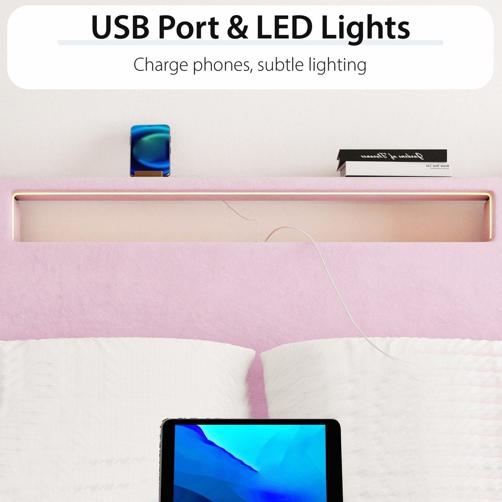 Wooden Bed Frame Full Slat Support Platform Bed With High Headboard LED Lights
