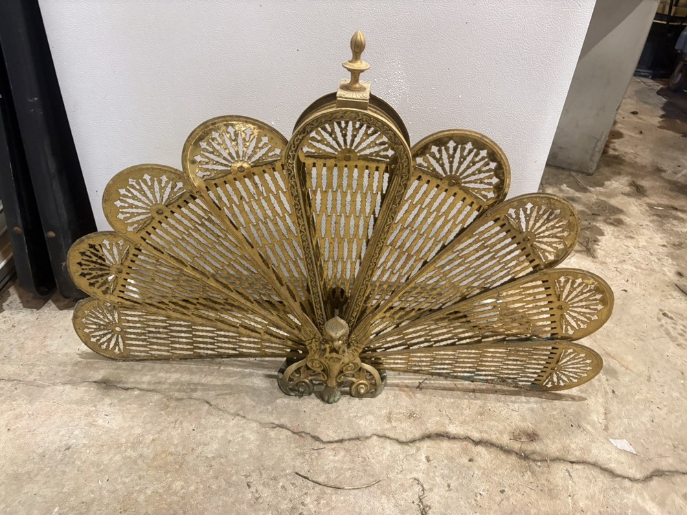Vintage Brass Peacock Fire Guard Screen - Folding Fan