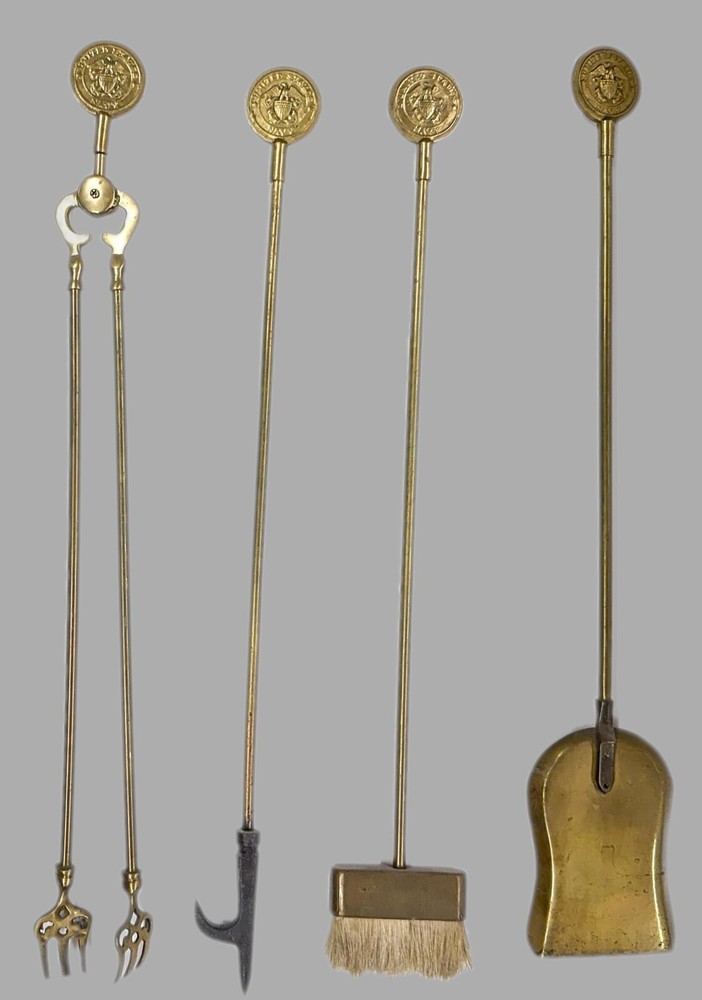 Vintage U.S. Navy Cast Brass Fireplace Tool Set::4 Tools + Stand::Nice