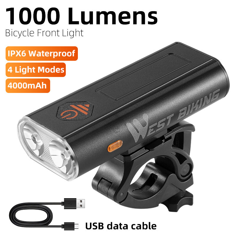 WEST BIKING 1000LM Waterproof Bicycle Front Light USB Rechargeable LED Headlight