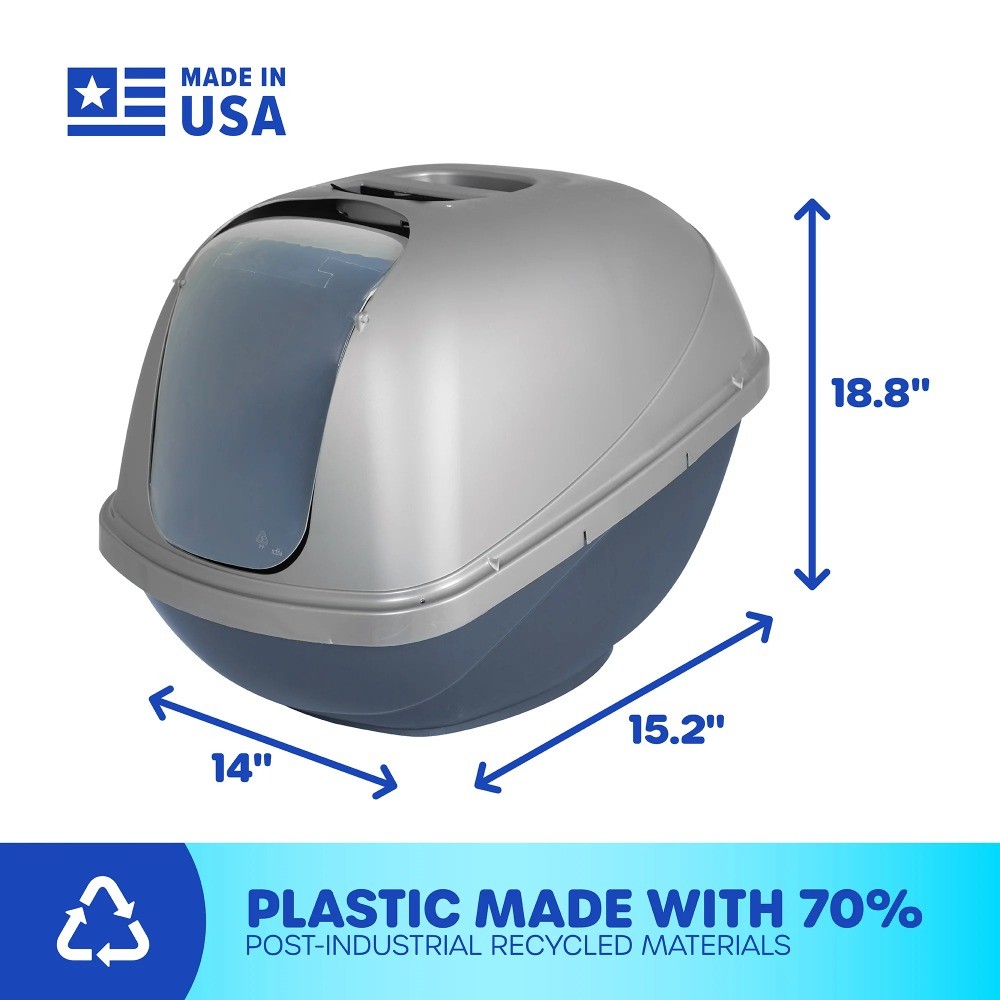 Petmate Basic Hooded Cat Litter Box, Enclosed, w/Door, Large, Blue Silver​