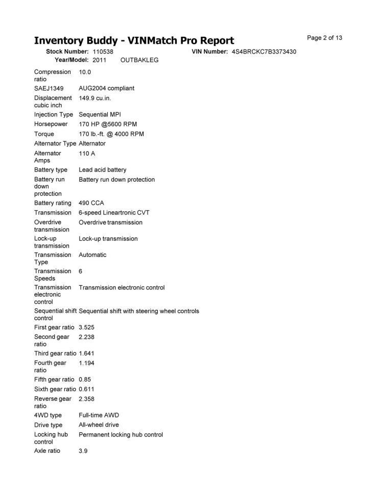 Alternator Fits 10-12 LEGACY 10320576