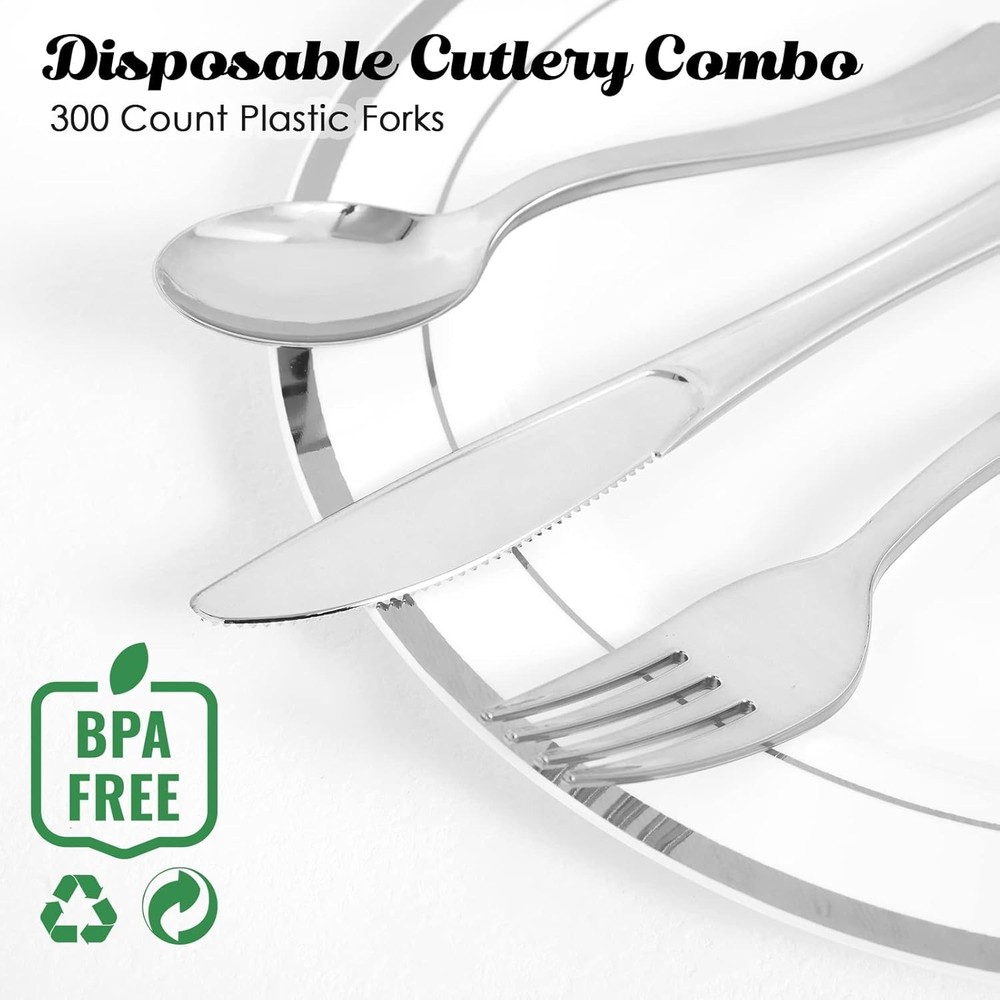 FOCUSLINE 300 Pack Disposable Silver Plastic Forks, Solid and