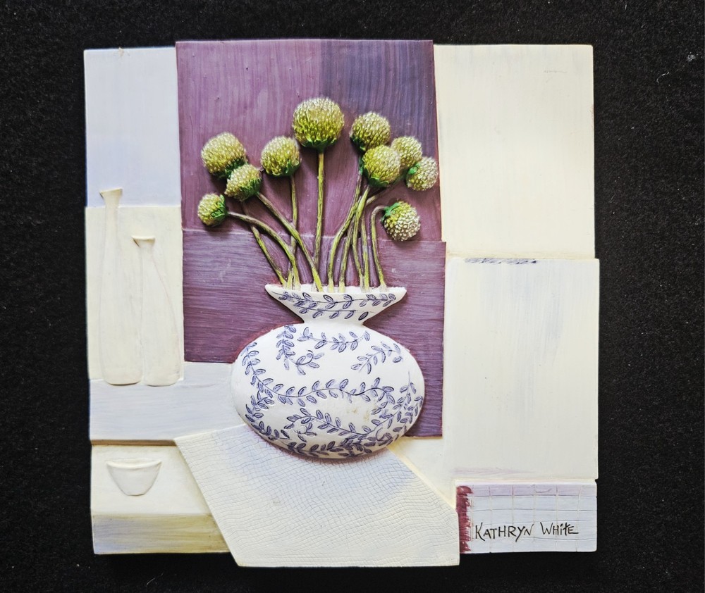 Kathryn White Ceramic Tile Art 3D Floral Scene Signed