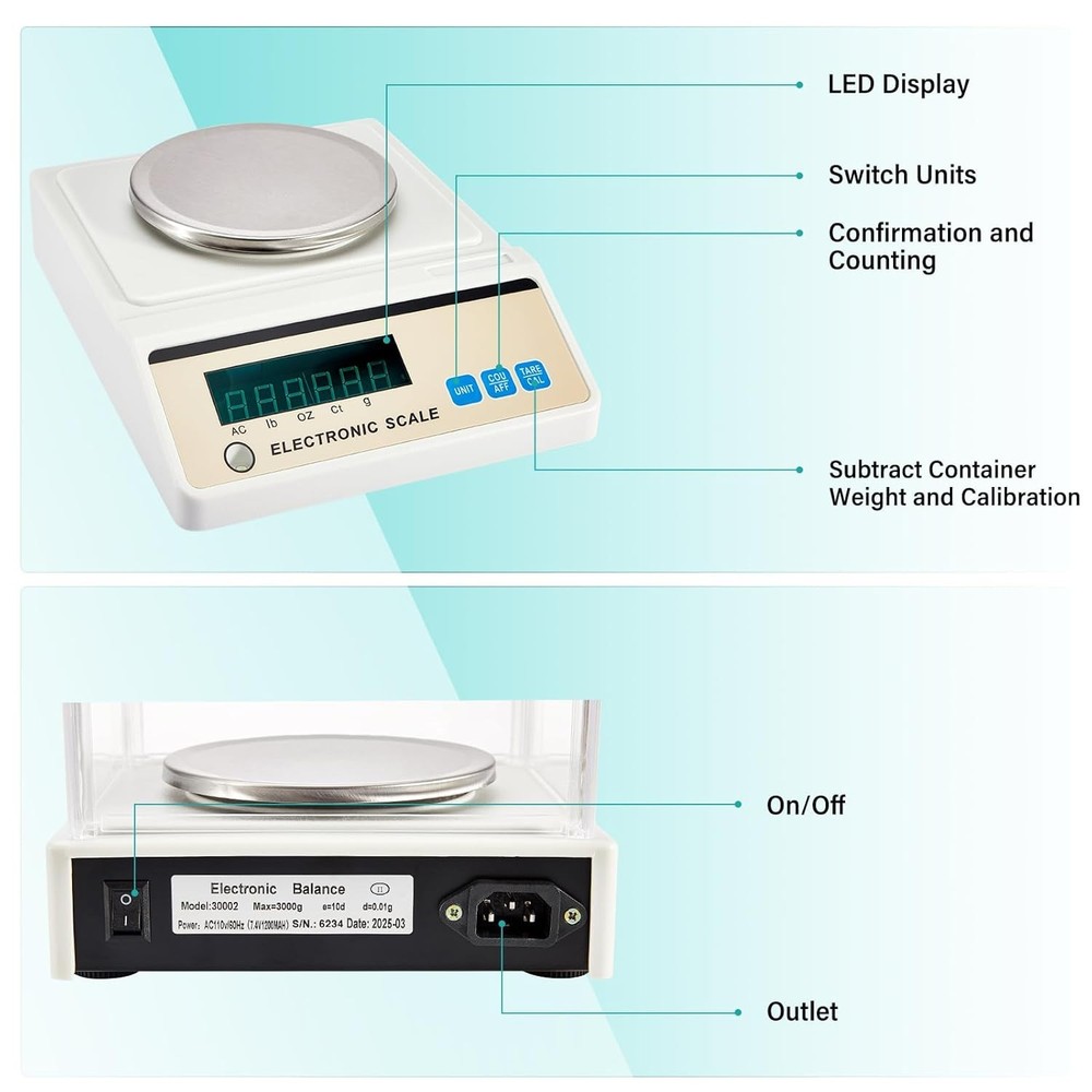 Analytical Balance 3000g/0.01g High Precision Lab Scale with Internal Windshield