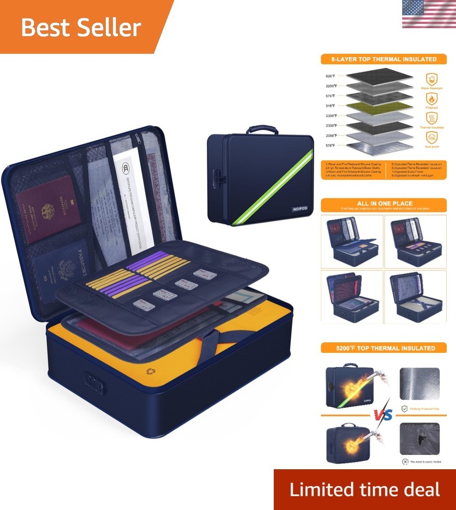 Fireproof Document Organizer - 5200°F, Waterproof, Secure Lock, Blue
