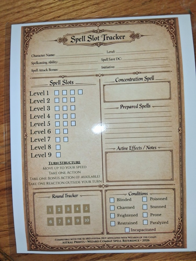 Spell Slot Tracker For D&D 5e - Laminated Wizard Spellcaster Dashboard